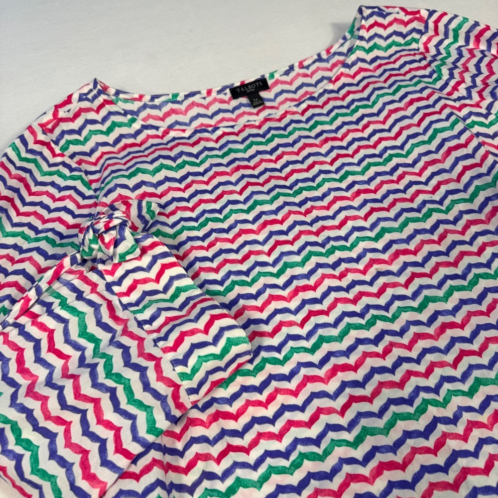 Talbots Blouse Large Petite Multicolor Chevron Zigzag 3/4 Sleeve Tie Cuff Cotton